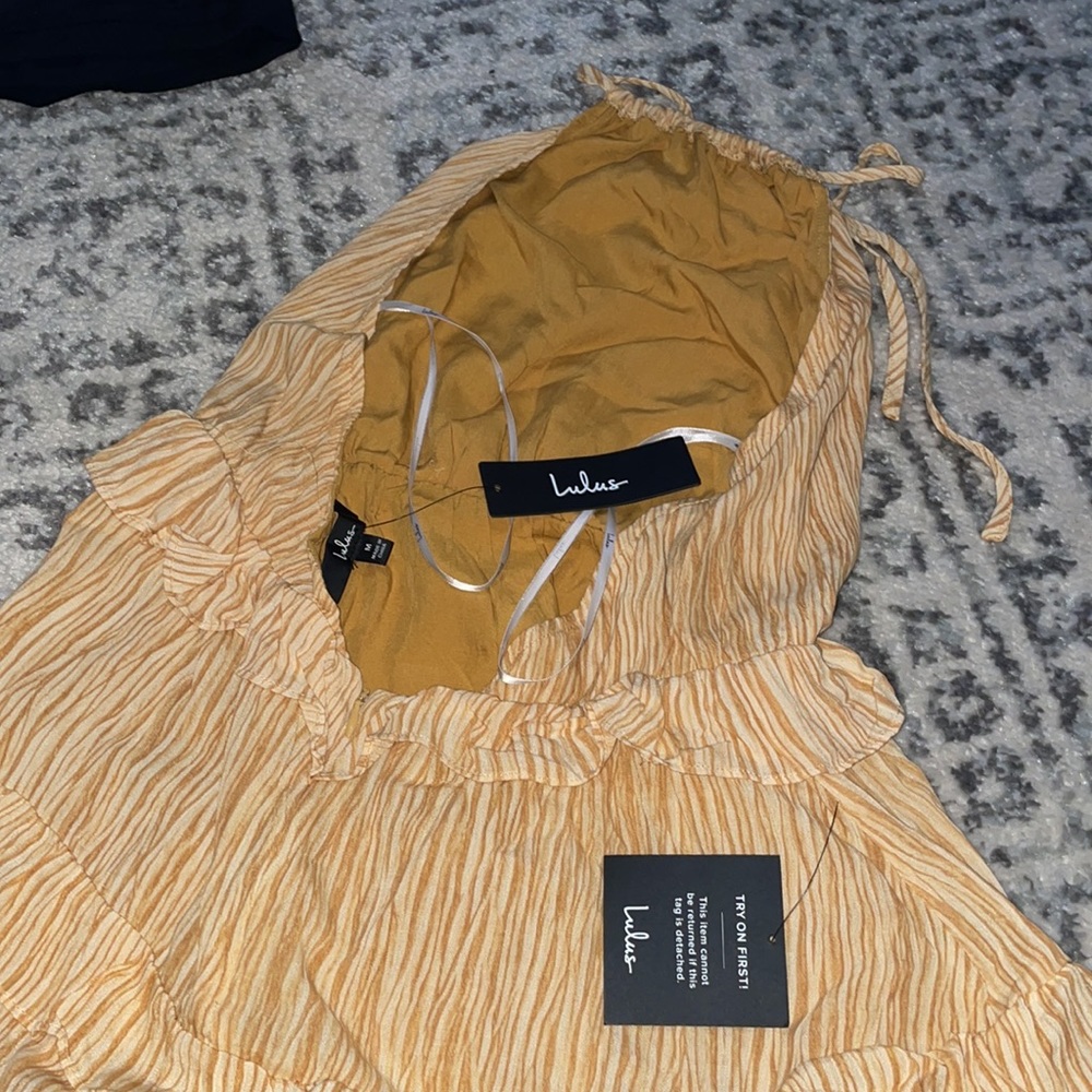 ‼️NWT‼️ Lulus Downright Darling Mustard Yellow Ruffled Halter Mini Dress - Picture 3 of 3